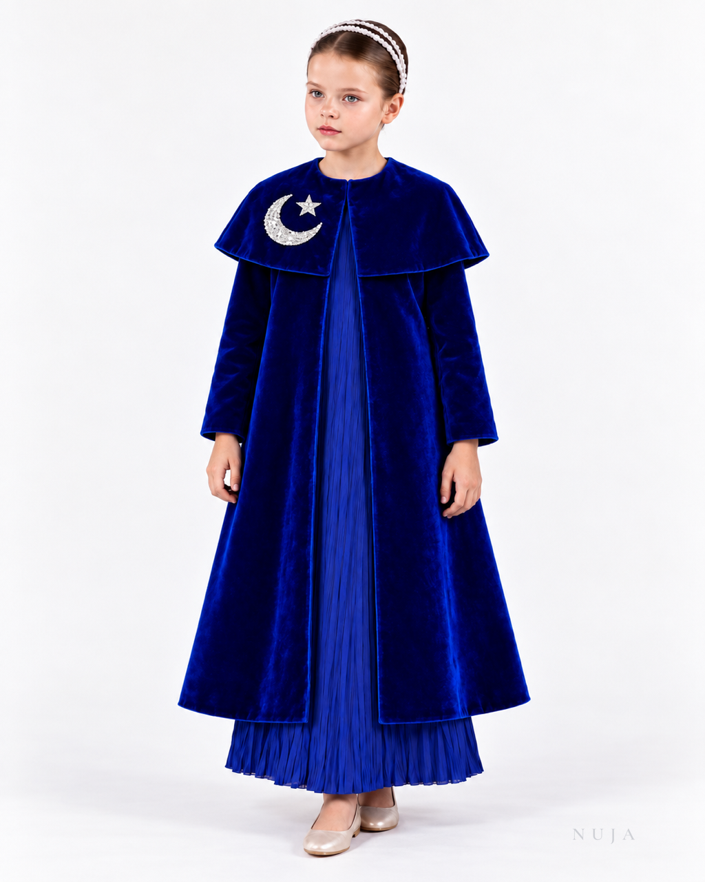 Luminous Blue velvet Ramadan kaftan with cape collar and crescent moon and star sequin appliqué