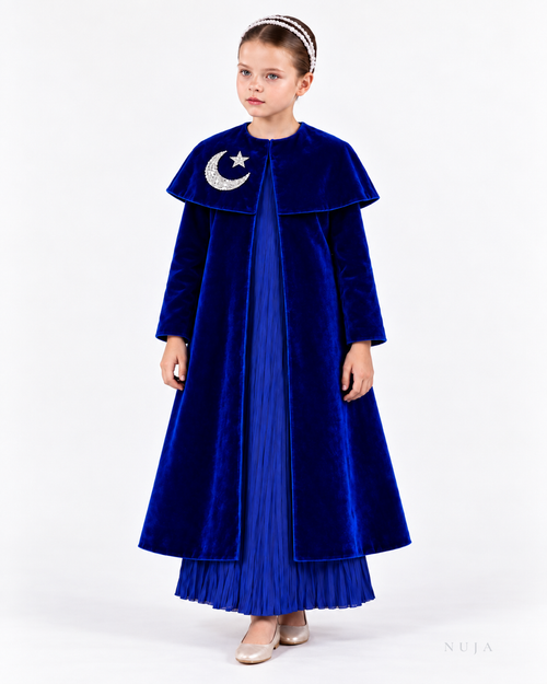 Luminous Blue velvet Ramadan kaftan with cape collar and crescent moon and star sequin appliqué