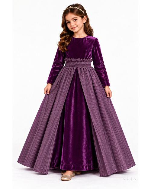 Purple velvet kaftan with pleated overskirt draped over a shirred waistband