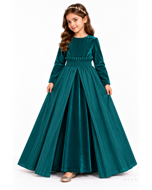 Teal velvet kaftan with pleated overskirt draped over a shirred waistband