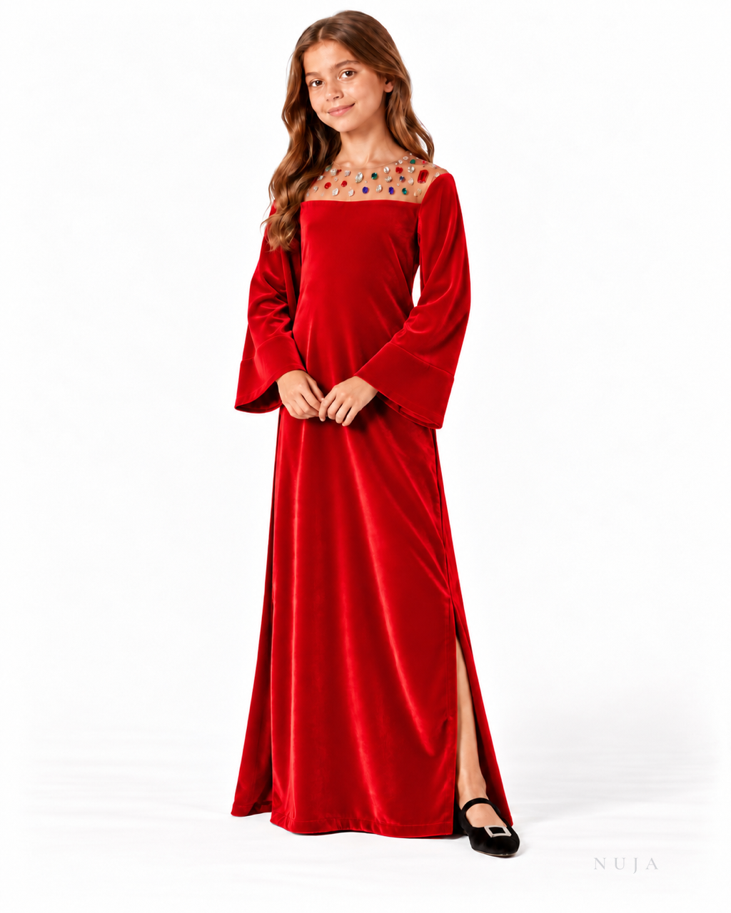 Deep red velvet kaftan with hand-set gemstone illusion neckline