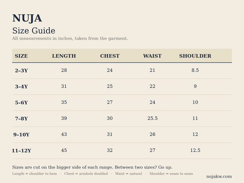 Nuja size chart in inches: length, chest, waist, shoulder for sizes 2-3Y through 11-12Y