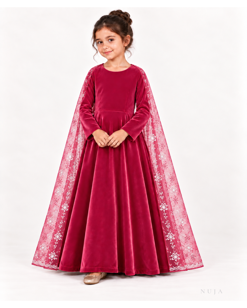 Berry velvet dress with sheer embroidered flowing cape sleeves